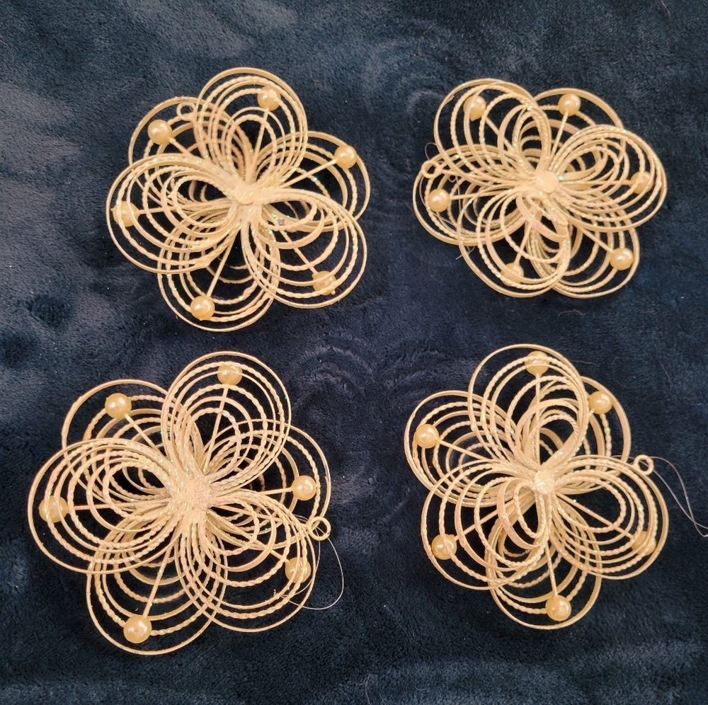Vintage Victorian Creamy Snowflake Ornaments w/Pearl Accents, Set of 4